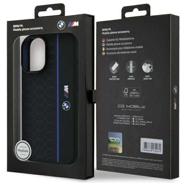 Case BMW iPhone 16 black/black hardcase Silicone Hexagon Blue Line MagSafe