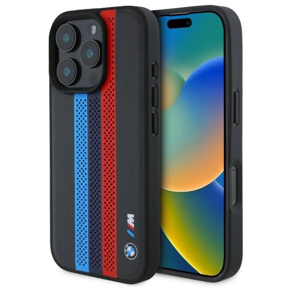 Cover BMW iPhone 16 Pro Max 6.9" nero/nero durocase M Perf. Strisce stampate tricolore MagSafe