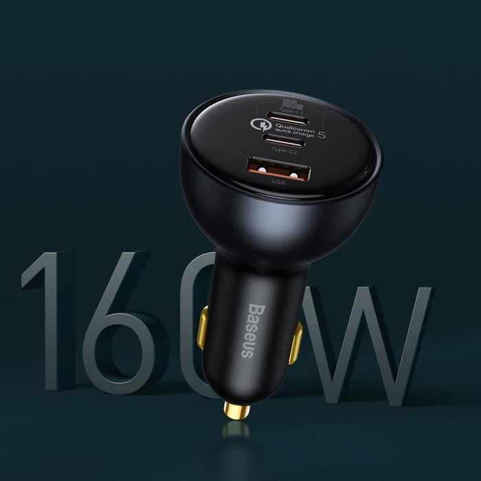 Baseus Qualcomm® Quick Charge ™ 5 Technology Multi-Port Fast Charge Car Charger C + C + U 160W set Gray （with Baseus Xiaobai series fast charging Cable Type-C to Type-C 100W (20V / 5A) 1m Black）