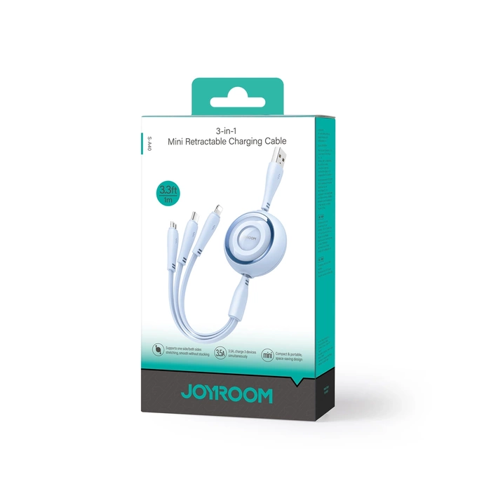 Joyroom S-A40 Colourful Series Cavo retrattile 3in1 da USB-A a USB-C / Lightning / microUSB 1m - blu