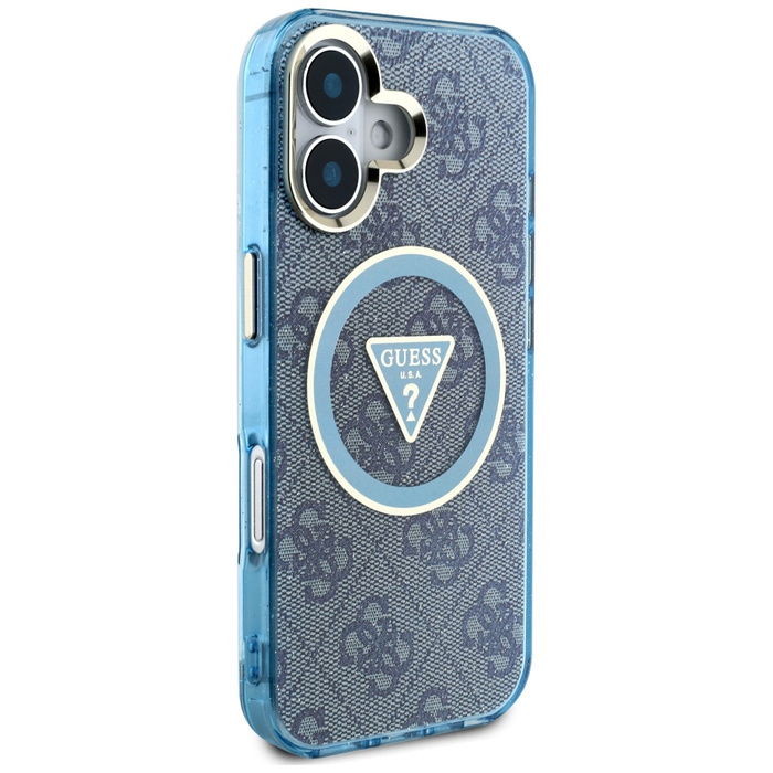 Etui Guess IML Metal Glitter 4G Circle   Triangle MagSafe do iPhone 16 niebieski