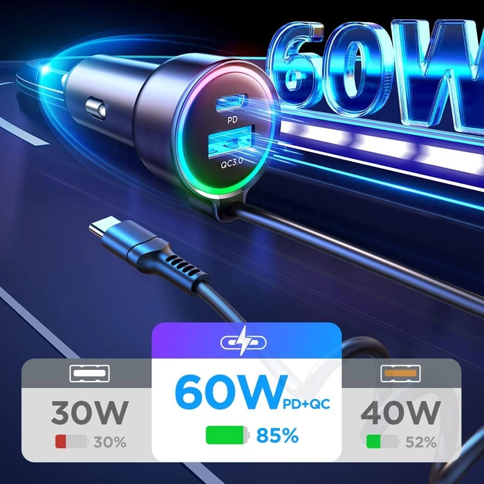 [APRÈS RETOUR] Joyroom Chargeur de voiture rapide 3 en 1 avec câble USB Type C 1,6 m 60 W noir (JR-CL07)