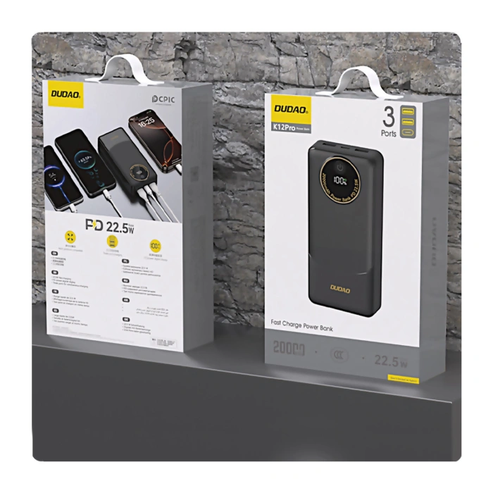 Powerbank Dudao K12Pro 22,5W PD 20000mAh USB-A, USB-C - czarny