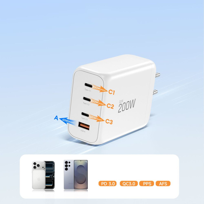 TECH-PROTECT NC200W-GAN 4-PORT NETWORK CHARGER PD 200W / QC3.0 WHITE
