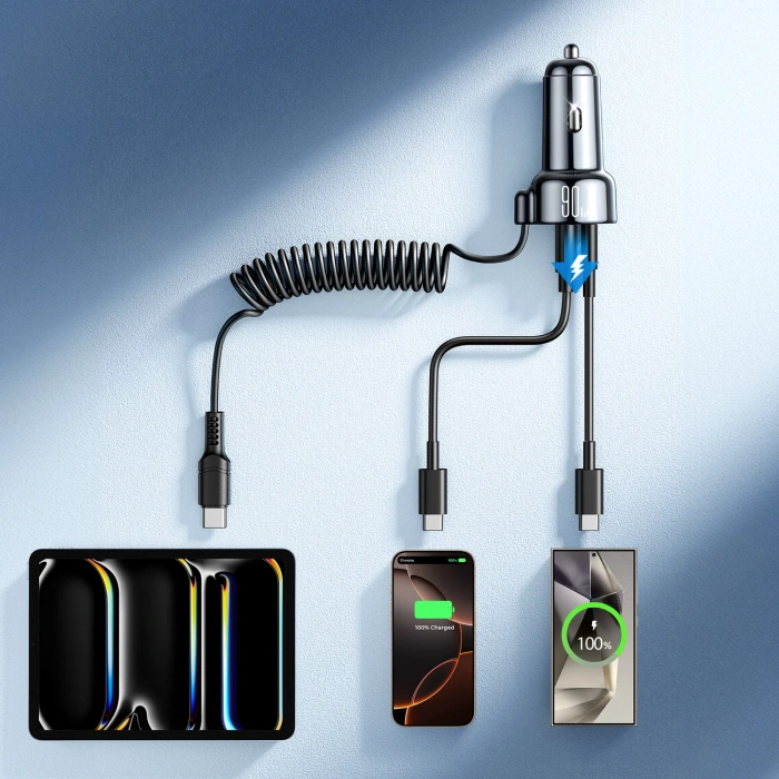 Ładowarka samochodowa 3w1 Joyroom JR-CL07 72W z kablem USB-C 1.6m – czarna