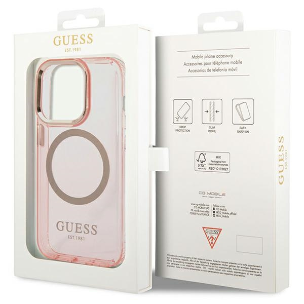 Coque GUESS Apple iPhone 14 Pro Max Gold Outline Translucide MagSafe Pink Hardcase
