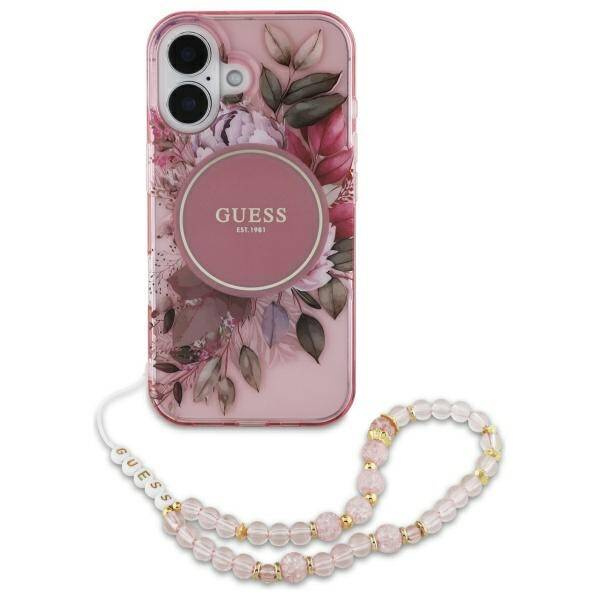 Etui Guess iPhone 16 6.1" różowy/pink hardcase IML Flowers With Pearl Strap MagSafe
