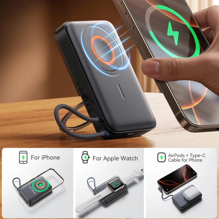 Powerbank Joyroom JR-PBM02 22,5W 10000mAh 3w1 indukcyjny magnetyczny kompatybilny z MagSafe z wbudowanym kablem - czarny