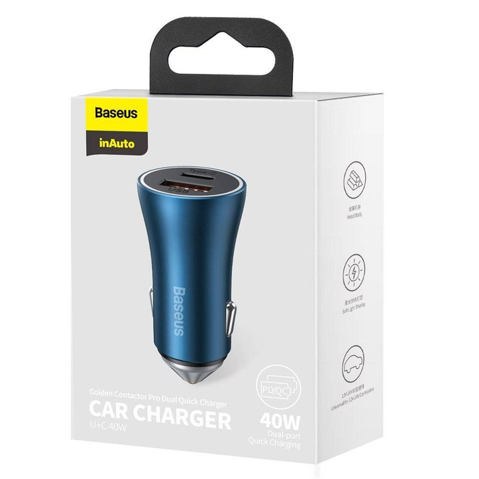 Baseus Golden Contactor Pro Fast USB Car Charger Type C / USB 40 W Power Delivery 3.0 Quick Charge 4+ SCP FCP AFC azul (CCJD-03)