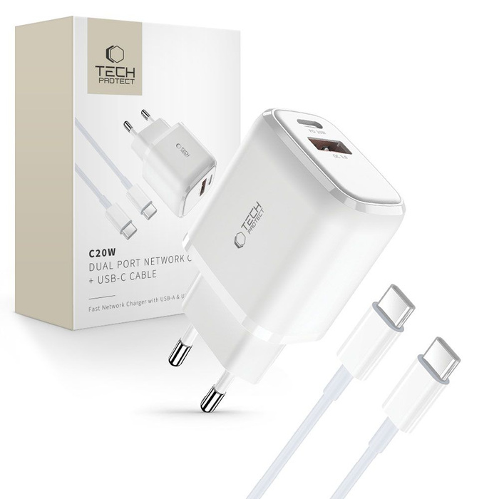 TECH-PROTECT C20W 2-PORT NETZWERK LADEGERÄT PD20W/QC3.0 + TYP-C KABEL WEISS