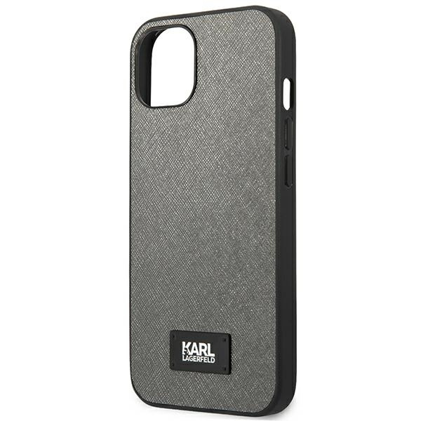 Hülle KARL LAGERFELD Apple iPhone 13 Mini Saffiano Plakette Silber Hartcase