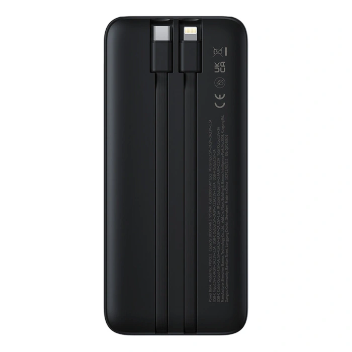 Powerbank Baseus Lipow 10000mAh 22.5W z podwójnym wbudowanym kablem z wyświetlaczem (z dodatkowym czarnym kablem Baseus Simple USB-A - USB-C 3A 0,2m) - czarny