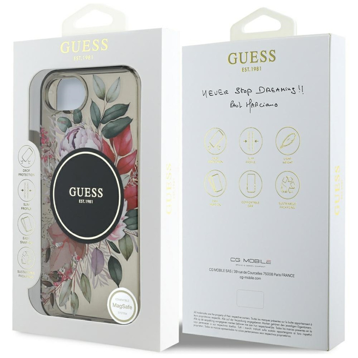 Etui Guess IML Flowers MagSafe do iPhone 16e czarny