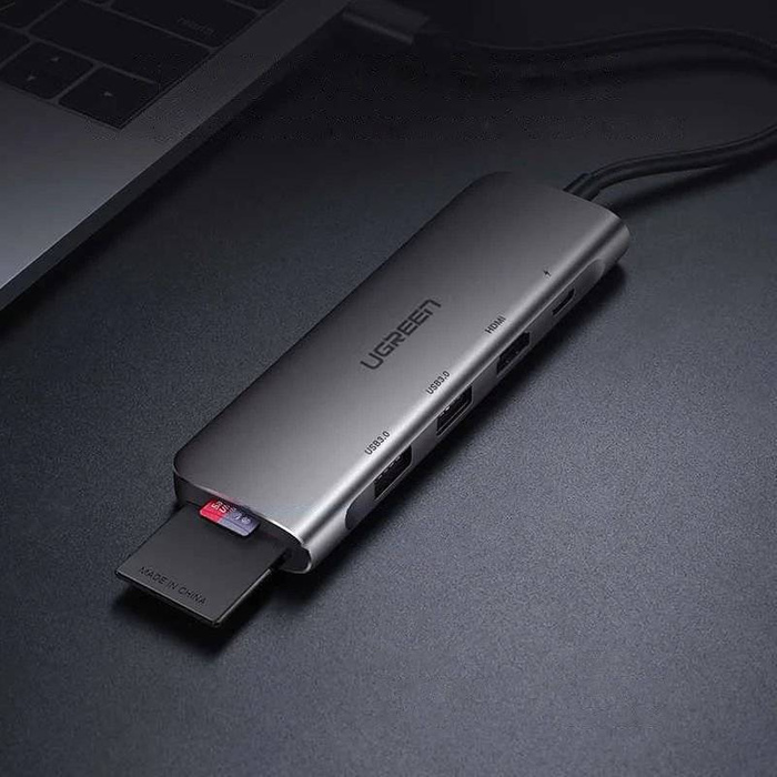 Ugreen multifunkční HUB USB Typ C - 2x USB 3.2 Gen 1 / USB Typ C Napájení 100 W / HDMI 4K / SD a micro SD (TF) čtečka karet šedá (CM195 70411)