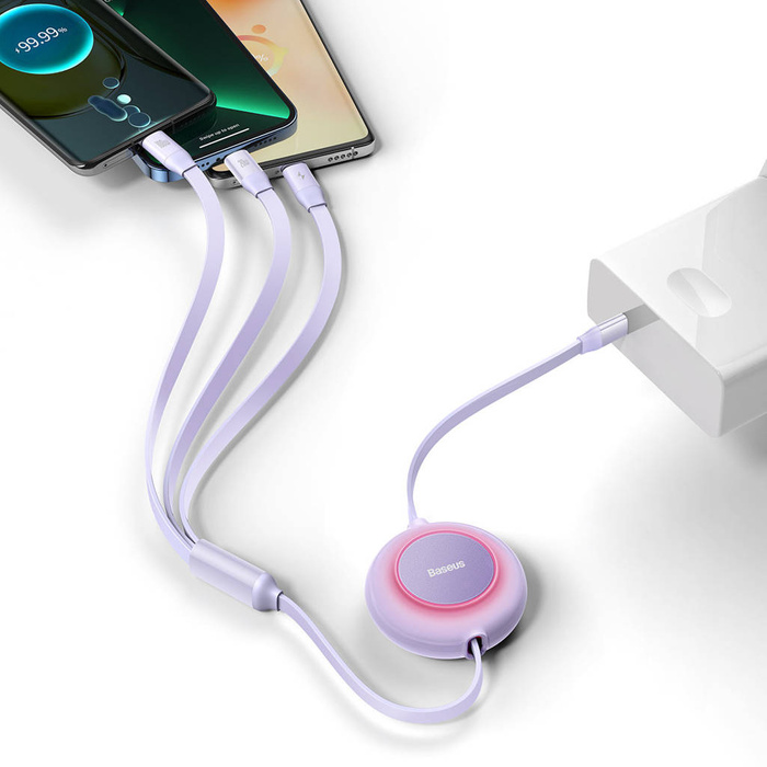 Baseus Bright Mirror 2 cable retráctil 3en1 USB Tipo C - micro USB + Lightning + USB Tipo C 3.5A 1.1m violeta (CAMJ010205)