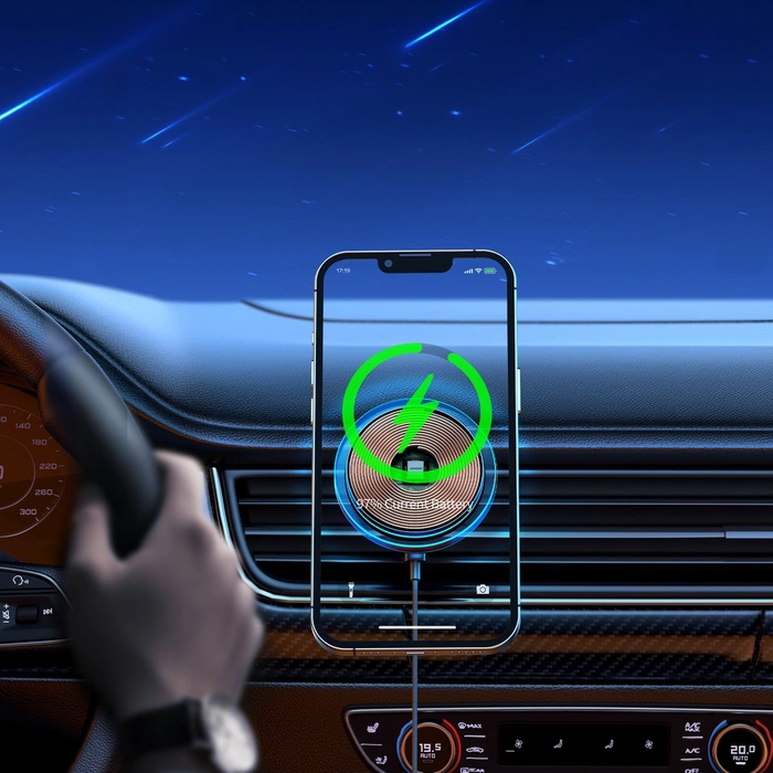 Joyroom uchwyt samochodowy do telefonu z ładowarką indukcyjną Qi 15W (kompatybilną z MagSafe) na kratkę nawiewu srebrny (JR-ZS291)