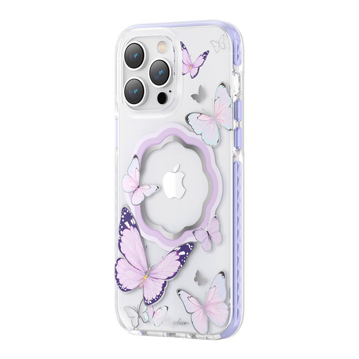 Kingxbar Butterfly Series magnetic case for iPhone 14 Plus MagSafe decorated with a print of purple butterflies
