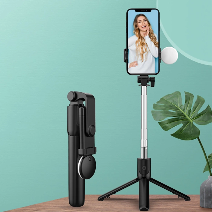 Selfie-Stick WR1YXS Teleskopstativ 0,71 m mit runder Lampe – Schwarz