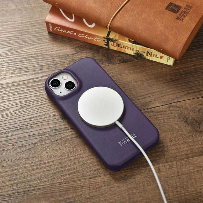 iCarer CE Premium Leather Folio Case iPhone 14 Plus Flip Magnetic MagSafe Custodia in pelle viola scuro (WMI14220715-DP)