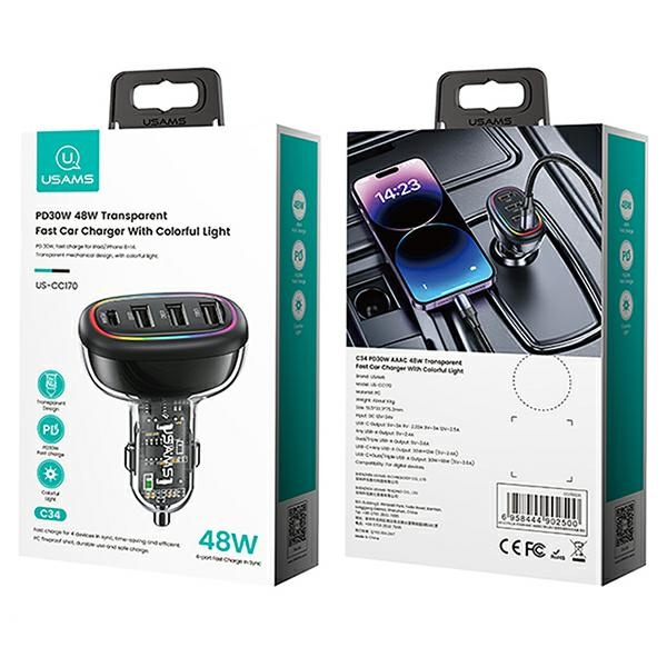 USAMS Charg. sam. 1xUSB-C 3xUSB-A C34 48W 3A+C PD Fast Charge black/black CC170CC01 (US-CC170)