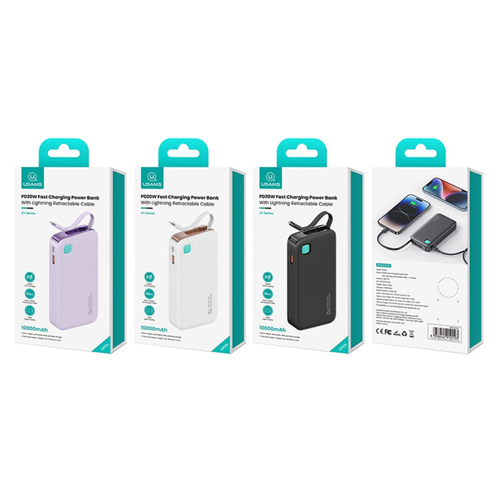 USAMS Powerbank ze zwijanym kablem Retractable Lightning 10000 mAh PD 20W Fast Charge XY Series fioletowy/purple 10KCD22503 (US-CD225)
