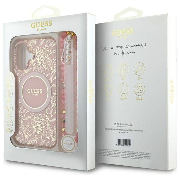 Etui Guess iPhone 16 Plus 6.7" różowy/pink hardcase IML Flowers Allover Electro With Pearl Strap MagSafe