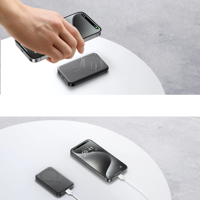 Powerbank Joyroom JR-W020 Mini 5000mAh USB-A USB-C indukcyjny 20W - czarny + kabel USB-C / USB-C