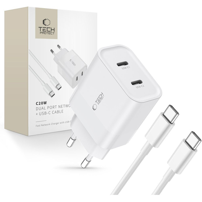 TECH-PROTECT C20W 2 PORTOS HÁLÓZATI TÖLTŐ PD20W + C-TÍPUSÚ KÁBEL FEHÉR