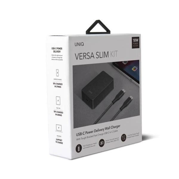 Objednávka Uniq . síť. Versa Slim USB-C PD 18W + kabel USB-C na USB-C černý / uhlově černý (LITHOS Collective)