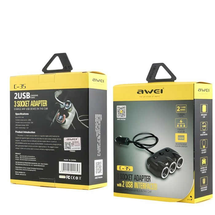 Nabíjačka AWEI Rozdeľovač do auta 2 USB C-35 3 12V cigaretová zásuvka čierna