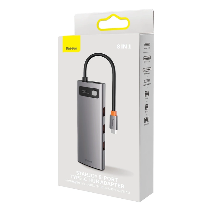Baseus StarJoy 8 az 1-ben Hub, USB-C - 3x USB 3.1 + HDMI + USB-C PD + RJ45 + micro SD/SD