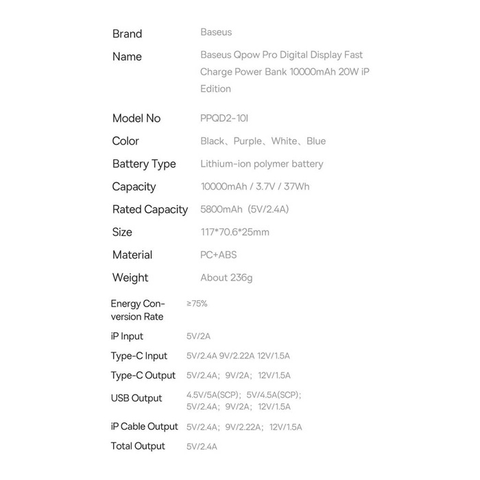 Powerbank 10000mAh 20W Baseus Qpow Pro Overseas Edition + USB C 3A Cable - Black