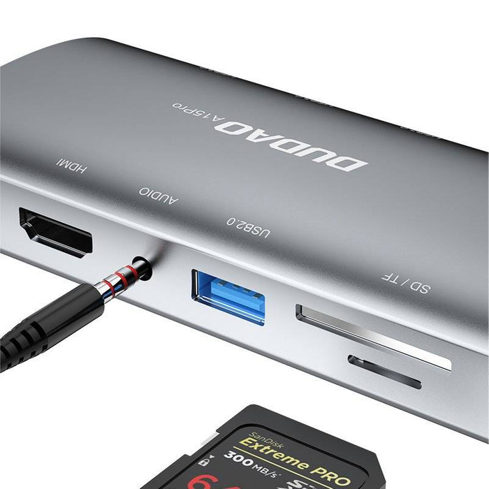 Dudao 11in1 multifunctional HUB USB Type C - USB Type C PD 60 W / HDMI / 3.5 mm mini jack / 1x USB 2.0 / SD card reader micro SD / VGA / RJ45 / 3x USB 3.2 Gen 1 gray (A15Pro gray)