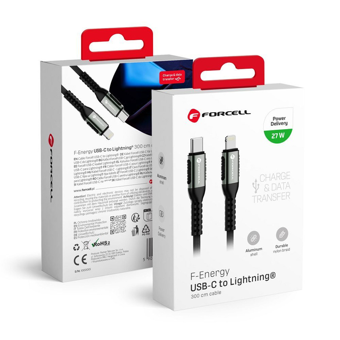 Kabel USB C do Lightning Forcell F-Energy PD 3A 27W Cafule 3 m C259 czarny
