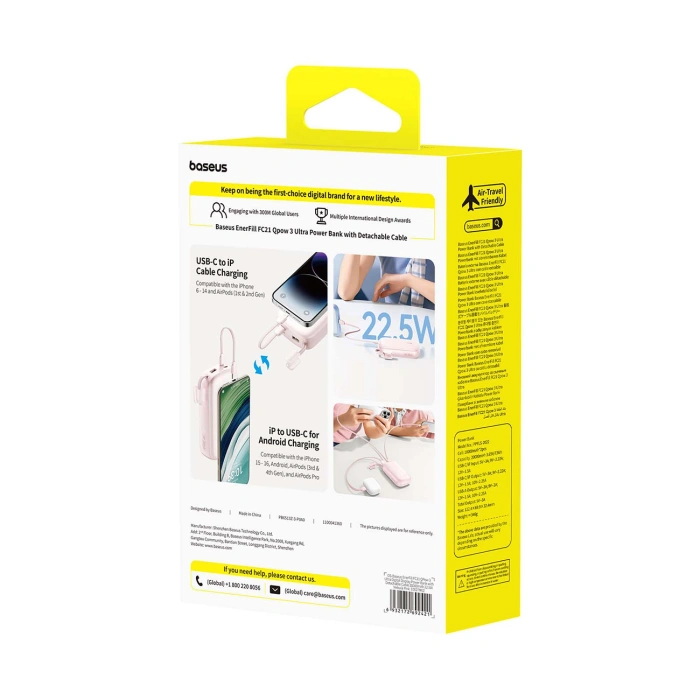 Powerbank Baseus EnerFill FC21 Qpow 3 Ultra 20000mAh 22.5W z wyświetlaczem z dołączonym kablem - różowy