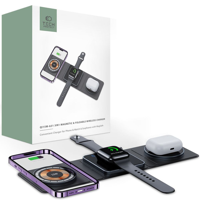 TECH-PROTECT QI15W-A31 3IN1 MagNETIC MagSafe VEZETÉK NÉLKÜLI TÖLTŐ FEKETE