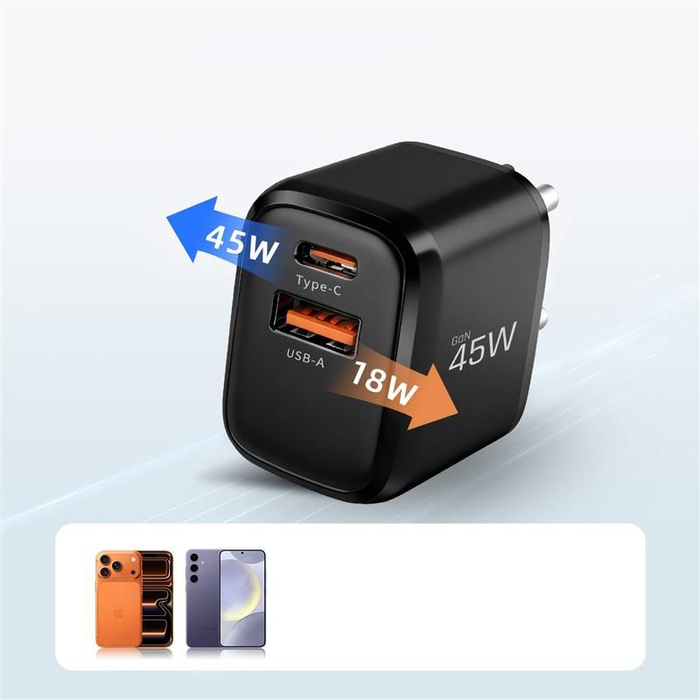 TECH-PROTECT NCA45W-GAN 2-PORT NETWORK CHARGER PD 45W / QC3.0 + TYPE-C CABLE BLACK