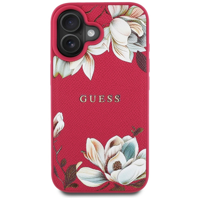 Etui Guess Grained Printed Flower         Pattern MagSafe do iPhone 16 fuksja