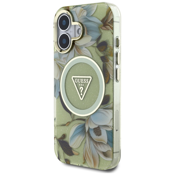 Etui Guess Glitter Flowers Triangle       Buttons MagSafe do iPhone 16 zielony