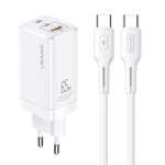 USAMS 2xUSB-C USB-A GaN 65W MT PD Charger Cable USB-C USB-C 100W Fast Charging MTXLOGTC02 White