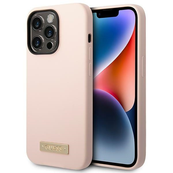 Hülle Guess iPhone 14 Pro Max 6,7" rosa/rosa hart case Silikon-Logo-Platte MagSafe