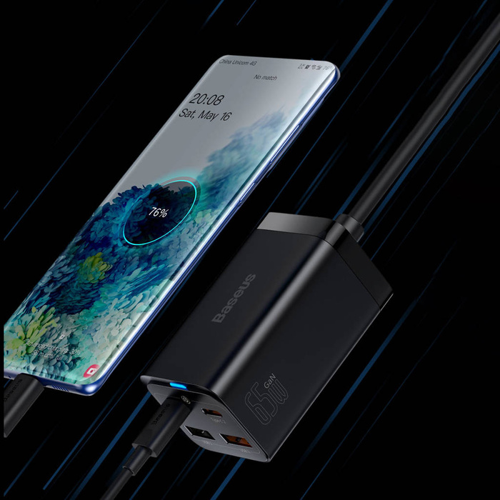 Baseus GaN3 Pro rychlá nabíječka GaN 2 x USB Type C / 2 x USB 65W PD, QC4.0 +, AFC + USB Type C - USB Type C kabel 1m černý (CCGP040101)