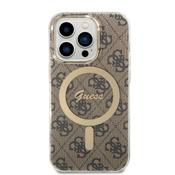 Kit Coque Guess Case+ Chargeur iPhone 14 Pro Max 6,7" marron/marron dur case 4G Print MagSafe