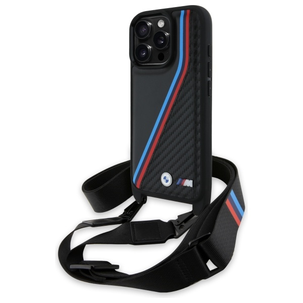 Cover BMW iPhone 16 Pro nero/nero durocase M Edition Carbon Tricolor Lines &amp; Strap