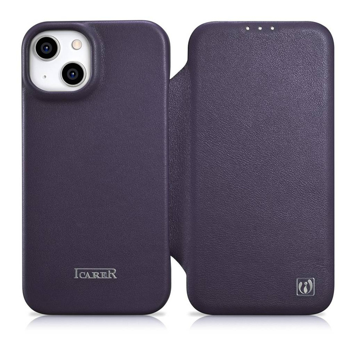 iCarer CE Premium Leather Folio Case iPhone 14 Plus Flip Magnetic MagSafe Leather Case Dark Purple (WMI14220715-DP)