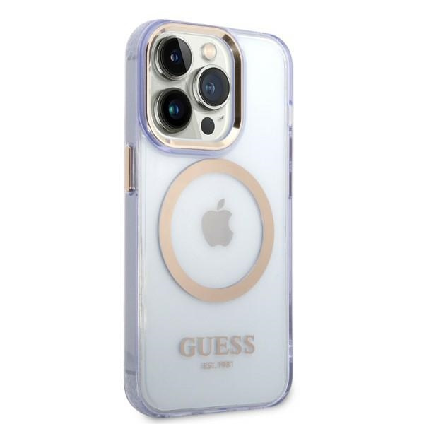 Hülle GUESS Apple iPhone 14 Pro Gold Outline Transluzent MagSafe Gold Lila Klar Hartcase