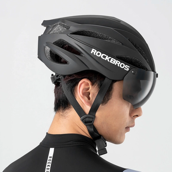 Rockbros Fahrradhelm mit Visier, abnehmbarer UV-Schutzbrille, Unisex – Grün