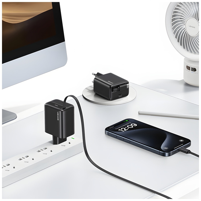 USAMS Ład. siec. 1xUSB-C ze zwijanym kablem USB-C Retractable PD+QC 30W Gan Fast Charging czarny/black YC Series CC241TC01 (US-CC241)