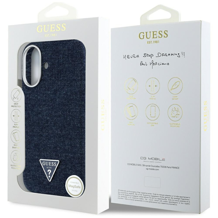 Etui Guess Denim Triangle Logo MagSafe   do iPhone 16 niebieski