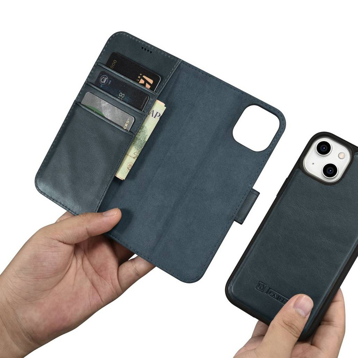 iCarer Oil Wax Wallet Case 2in1 case iPhone 14 Plus Leather Flip Cover Anti-RFID bleu (WMI14220723-BU)